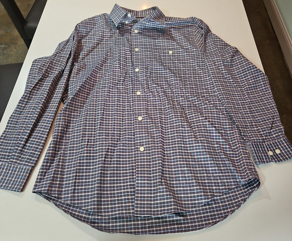 Orvis Shirt Mens XL Blue & White Plaid Long sleeve Button Down 100% Cotton Shirt